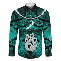 Personalised Maori Matariki Manaia Turquoise Family Matching Puletasi and Hawaiian Shirt Maori Kowhaiwhai Pattern Galaxy LT01 Dad's Shirt - Long Sleeve Turquoise - Polynesian Pride