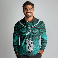 Personalised Maori Matariki Manaia Turquoise Long Sleeve Polo Shirt Maori Kowhaiwhai Pattern Galaxy