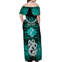 Personalised Maori Matariki Manaia Turquoise Off Shoulder Maxi Dress Maori Kowhaiwhai Pattern Galaxy