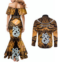 Personalised Maori Matariki Manaia Kowhai Couples Matching Mermaid Dress and Long Sleeve Button Shirt Maori Kowhaiwhai Pattern Galaxy