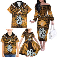 Personalised Maori Matariki Manaia Kowhai Family Matching Off The Shoulder Long Sleeve Dress and Hawaiian Shirt Maori Kowhaiwhai Pattern Galaxy LT01 - Polynesian Pride