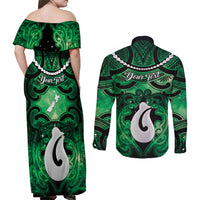 Personalised Maori Matariki Hei Matau Kakariki Couples Matching Off Shoulder Maxi Dress and Long Sleeve Button Shirt Maori Kowhaiwhai Pattern Galaxy