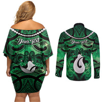 Personalised Maori Matariki Hei Matau Kakariki Couples Matching Off Shoulder Short Dress and Long Sleeve Button Shirt Maori Kowhaiwhai Pattern Galaxy