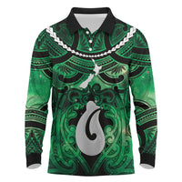 Personalised Maori Matariki Hei Matau Kakariki Long Sleeve Polo Shirt Maori Kowhaiwhai Pattern Galaxy
