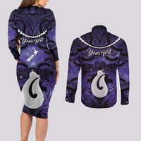 Personalised Maori Matariki Hei Matau Waiporoporo Couples Matching Long Sleeve Bodycon Dress and Long Sleeve Button Shirt Maori Kowhaiwhai Pattern Galaxy LT01 - Polynesian Pride