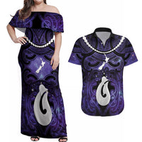 Personalised Maori Matariki Hei Matau Waiporoporo Couples Matching Off Shoulder Maxi Dress and Hawaiian Shirt Maori Kowhaiwhai Pattern Galaxy LT01 Purple - Polynesian Pride