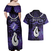 Personalised Maori Matariki Hei Matau Waiporoporo Couples Matching Off Shoulder Maxi Dress and Hawaiian Shirt Maori Kowhaiwhai Pattern Galaxy LT01 - Polynesian Pride