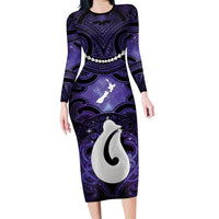 Personalised Maori Matariki Hei Matau Waiporoporo Family Matching Long Sleeve Bodycon Dress and Hawaiian Shirt Maori Kowhaiwhai Pattern Galaxy LT01 Mom's Dress Purple - Polynesian Pride