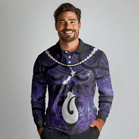 Personalised Maori Matariki Hei Matau Waiporoporo Long Sleeve Polo Shirt Maori Kowhaiwhai Pattern Galaxy