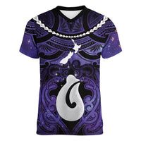 Personalised Maori Matariki Hei Matau Waiporoporo Women V-Neck T-Shirt Maori Kowhaiwhai Pattern Galaxy LT01 Female Purple - Polynesian Pride