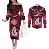 Personalised Maori Matariki Hei Matau Whero Couples Matching Off The Shoulder Long Sleeve Dress and Long Sleeve Button Shirt Maori Kowhaiwhai Pattern Galaxy LT01 Red - Polynesian Pride