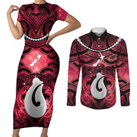 Personalised Maori Matariki Hei Matau Whero Couples Matching Short Sleeve Bodycon Dress and Long Sleeve Button Shirt Maori Kowhaiwhai Pattern Galaxy LT01 Red - Polynesian Pride