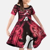 Personalised Maori Matariki Hei Matau Whero Family Matching Off Shoulder Maxi Dress and Hawaiian Shirt Maori Kowhaiwhai Pattern Galaxy LT01 Daughter's Dress Red - Polynesian Pride