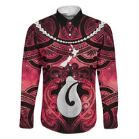 Personalised Maori Matariki Hei Matau Whero Family Matching Off Shoulder Short Dress and Hawaiian Shirt Maori Kowhaiwhai Pattern Galaxy LT01 Dad's Shirt - Long Sleeve Red - Polynesian Pride