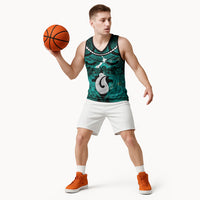 Personalised Maori Matariki Hei Matau Turquoise Basketball Jersey Maori Kowhaiwhai Pattern Galaxy