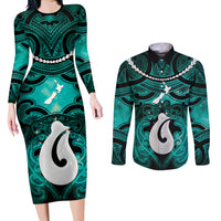 Personalised Maori Matariki Hei Matau Turquoise Couples Matching Long Sleeve Bodycon Dress and Long Sleeve Button Shirt Maori Kowhaiwhai Pattern Galaxy