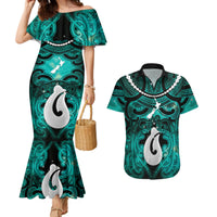 Personalised Maori Matariki Hei Matau Turquoise Couples Matching Mermaid Dress and Hawaiian Shirt Maori Kowhaiwhai Pattern Galaxy LT01 Turquoise - Polynesian Pride