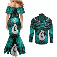 Personalised Maori Matariki Hei Matau Turquoise Couples Matching Mermaid Dress and Long Sleeve Button Shirt Maori Kowhaiwhai Pattern Galaxy