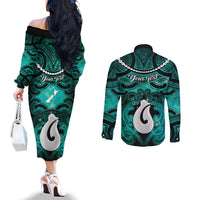 Personalised Maori Matariki Hei Matau Turquoise Couples Matching Off The Shoulder Long Sleeve Dress and Long Sleeve Button Shirt Maori Kowhaiwhai Pattern Galaxy