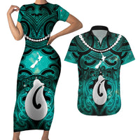 Personalised Maori Matariki Hei Matau Turquoise Couples Matching Short Sleeve Bodycon Dress and Hawaiian Shirt Maori Kowhaiwhai Pattern Galaxy LT01 Turquoise - Polynesian Pride