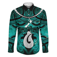 Personalised Maori Matariki Hei Matau Turquoise Family Matching Long Sleeve Bodycon Dress and Hawaiian Shirt Maori Kowhaiwhai Pattern Galaxy LT01 Dad's Shirt - Long Sleeve Turquoise - Polynesian Pride