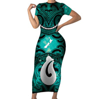 Personalised Maori Matariki Hei Matau Turquoise Family Matching Short Sleeve Bodycon Dress and Hawaiian Shirt Maori Kowhaiwhai Pattern Galaxy LT01 Mom's Dress Turquoise - Polynesian Pride