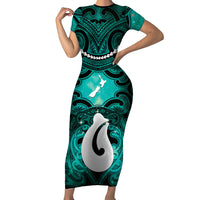 Personalised Maori Matariki Hei Matau Turquoise Short Sleeve Bodycon Dress Maori Kowhaiwhai Pattern Galaxy