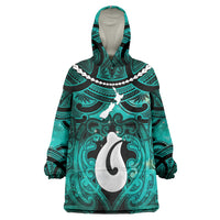 Personalised Maori Matariki Hei Matau Turquoise Wearable Blanket Hoodie Maori Kowhaiwhai Pattern Galaxy LT01 One Size Turquoise - Polynesian Pride