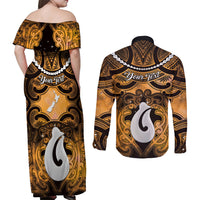 Personalised Maori Matariki Hei Matau Kowhai Couples Matching Off Shoulder Maxi Dress and Long Sleeve Button Shirt Maori Kowhaiwhai Pattern Galaxy