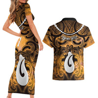 Personalised Maori Matariki Hei Matau Kowhai Couples Matching Short Sleeve Bodycon Dress and Hawaiian Shirt Maori Kowhaiwhai Pattern Galaxy LT01 - Polynesian Pride