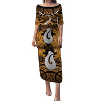Personalised Maori Matariki Hei Matau Kowhai Family Matching Puletasi and Hawaiian Shirt Maori Kowhaiwhai Pattern Galaxy LT01 Mom's Dress Yellow - Polynesian Pride