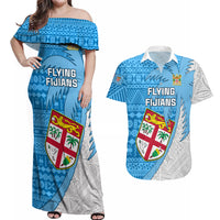 Custom Fiji Rugby Couples Matching Off Shoulder Maxi Dress and Hawaiian Shirt Come On Fijian Tapa Pattern LT01 Blue - Polynesian Pride