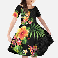 Hawaii Pineapple Tropical Family Matching Long Sleeve Bodycon Dress and Hawaiian Shirt Colorful Hibiscus Plumeria LT01 Daughter's Dress Black - Polynesian Pride