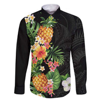 Hawaii Pineapple Tropical Family Matching Long Sleeve Bodycon Dress and Hawaiian Shirt Colorful Hibiscus Plumeria LT01 Dad's Shirt - Long Sleeve Black - Polynesian Pride