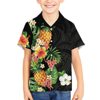 Hawaii Pineapple Tropical Family Matching Long Sleeve Bodycon Dress and Hawaiian Shirt Colorful Hibiscus Plumeria LT01 Son's Shirt Black - Polynesian Pride