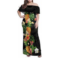 Hawaii Pineapple Tropical Family Matching Off Shoulder Maxi Dress and Hawaiian Shirt Colorful Hibiscus Plumeria