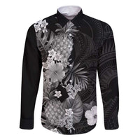 Hawaii Pineapple Tropical Family Matching Long Sleeve Bodycon Dress and Hawaiian Shirt Neutral Hibiscus Plumeria LT01 Dad's Shirt - Long Sleeve Black - Polynesian Pride