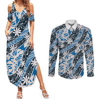 Ninamu Tahiti Tiare Monstera Couples Matching Summer Maxi Dress and Long Sleeve Button Shirt Polynesian Pattern Curve Style - Polynesian Pride