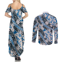 Ninamu Tahiti Tiare Monstera Couples Matching Summer Maxi Dress and Long Sleeve Button Shirt Polynesian Pattern Curve Style - Polynesian Pride
