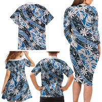 Ninamu Tahiti Tiare Monstera Family Matching Long Sleeve Bodycon Dress and Hawaiian Shirt Polynesian Pattern Curve Style LT01 - Polynesian Pride