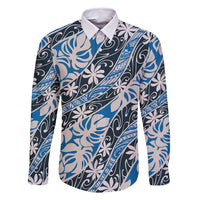 Ninamu Tahiti Tiare Monstera Family Matching Mermaid Dress and Hawaiian Shirt Polynesian Pattern Curve Style LT01 Dad's Shirt - Long Sleeve Blue - Polynesian Pride