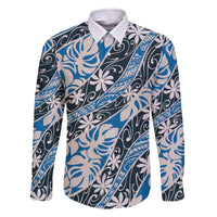 Ninamu Tahiti Tiare Monstera Family Matching Off The Shoulder Long Sleeve Dress and Hawaiian Shirt Polynesian Pattern Curve Style LT01 Dad's Shirt - Long Sleeve Blue - Polynesian Pride