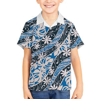 Ninamu Tahiti Tiare Monstera Family Matching Off Shoulder Short Dress and Hawaiian Shirt Polynesian Pattern Curve Style LT01 Son's Shirt Blue - Polynesian Pride