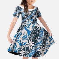 Ninamu Tahiti Tiare Monstera Family Matching Tank Maxi Dress and Hawaiian Shirt Polynesian Pattern Curve Style LT01 Daughter's Dress Blue - Polynesian Pride