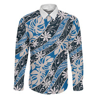 Ninamu Tahiti Tiare Monstera Family Matching Tank Maxi Dress and Hawaiian Shirt Polynesian Pattern Curve Style LT01 Dad's Shirt - Long Sleeve Blue - Polynesian Pride