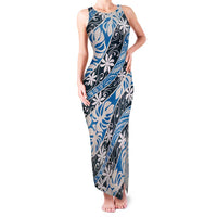 Ninamu Tahiti Tiare Monstera Family Matching Tank Maxi Dress and Hawaiian Shirt Polynesian Pattern Curve Style LT01 Mom's Dress Blue - Polynesian Pride