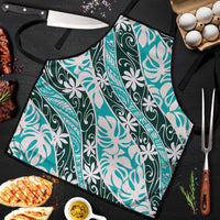 Cyan Tahiti Tiare Monstera Apron Polynesian Pattern Curve Style - Polynesian Pride