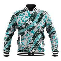 Cyan Tahiti Tiare Monstera Baseball Jacket Polynesian Pattern Curve Style - Polynesian Pride