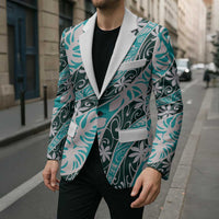 Cyan Tahiti Tiare Monstera Blazer Polynesian Pattern Curve Style - Polynesian Pride