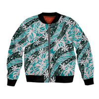Cyan Tahiti Tiare Monstera Bomber Jacket Polynesian Pattern Curve Style - Polynesian Pride